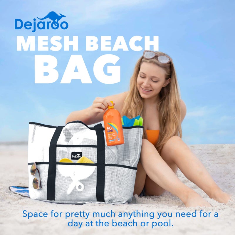Dejaroo - Sand Free Mesh Bag - Strong Lightweight Tote For Beach & Vacation Essentials. Tons of Storage with 8 Pockets, Foldable, 17x9x15 inches, White with Black Straps - Image 2